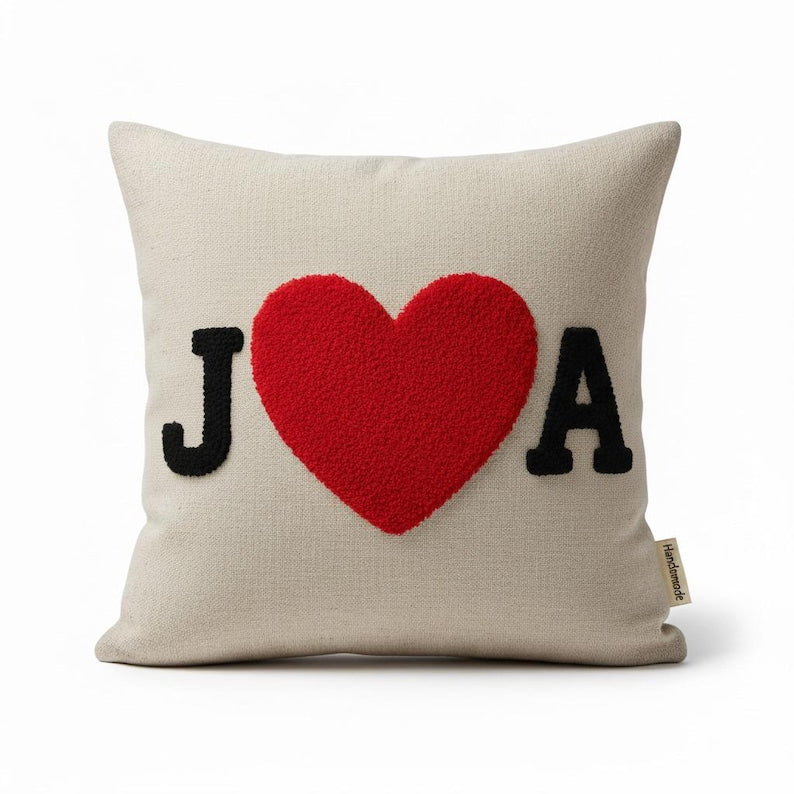 Homeartparis Initials Heart Pillow - Personalized Couple Gift by Seval Özsoy - Custom Punch Needle Wedding & Anniversary Keepsake - Linen Love Decor