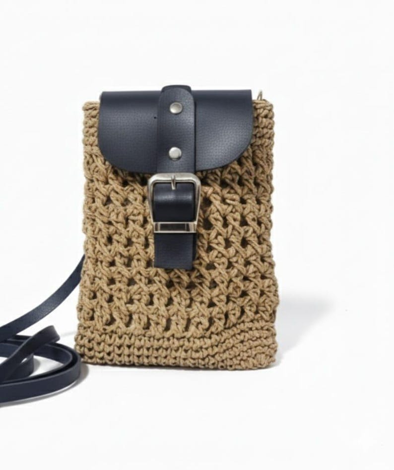 Crossbody Bag with Black Leather Flap - Handmade Authentic Mini Shoulder Bag by Seval Özsoy - Unique Woven Boho Purse