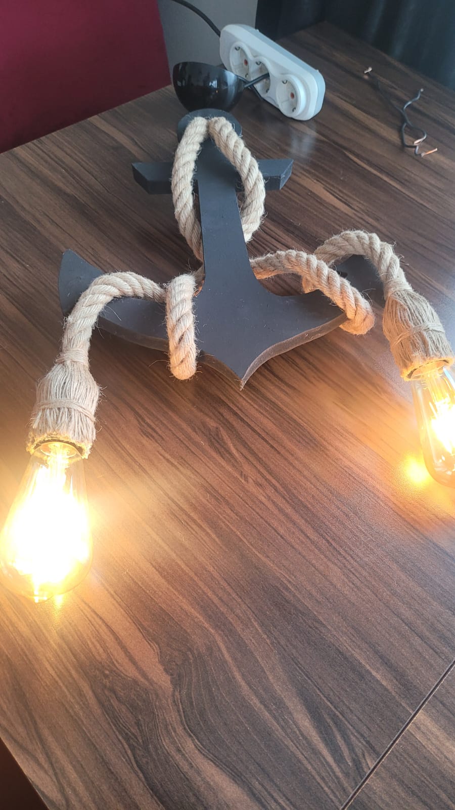 Handcrafted Wooden Anchor Pendant Light - Nautical Dual-Rope Chandelier with Adjustable Hanging Height