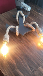 Handcrafted Wooden Anchor Pendant Light - Nautical Dual-Rope Chandelier with Adjustable Hanging Height