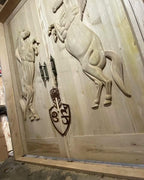 Vitage Wooden Garden Gate, Medieval Hand-Carved Chestnut Wood Double Doors with Rearing Horse Reliefs - Custom Size and Logo Options Homeartparis production