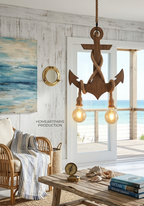 Handcrafted Wooden Anchor Pendant Light - Nautical Dual-Rope Chandelier with Adjustable Hanging Height