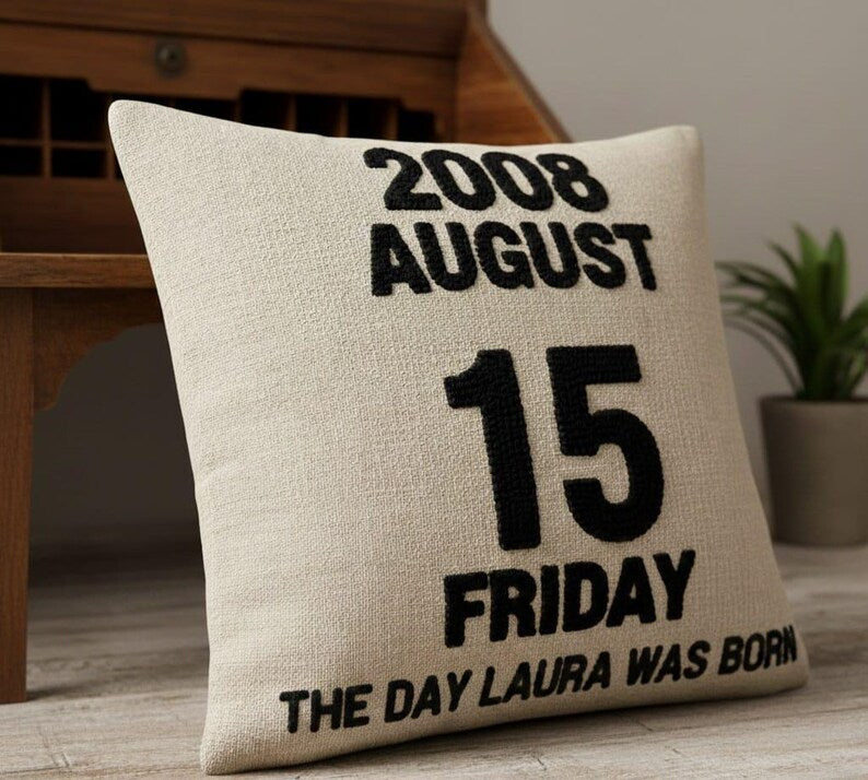Homeartparis Custom Date Punch Needle Pillow | Personalized Beige Linen Cushion, Anniversary Gift for Couple, 16x16" Hand Embroidered Pillow Cover or Ins
