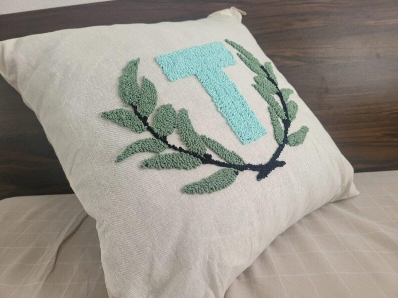 homeartparis Monogram Initial Punch Needle Pillow Cover, Custom Letter & Color, Linen Cushion Case, Personalized Gift
