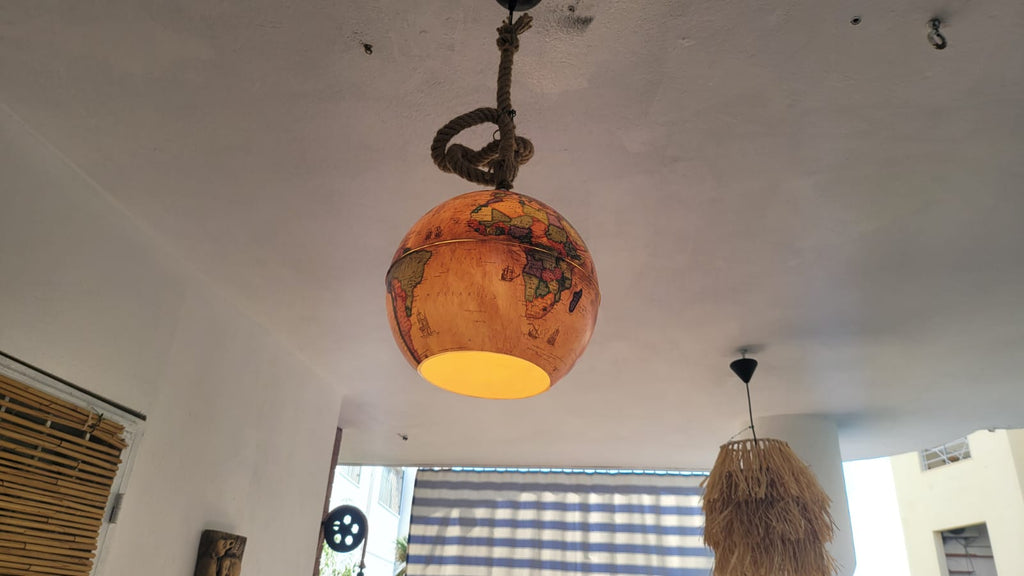 Vintage World Map Pendant Light - Handcrafted Nautical Hanging Globe Lamp with Adjustable Rope