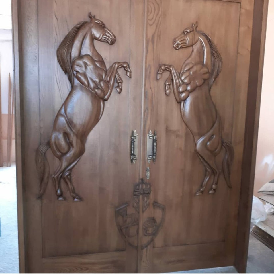 Vitage Wooden Garden Gate, Medieval Hand-Carved Chestnut Wood Double Doors with Rearing Horse Reliefs - Custom Size and Logo Options Homeartparis production