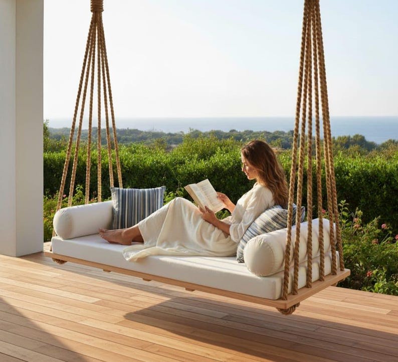 Modern Wooden Swing bed| Minimalist Porch Swing sofa | Handmade Hanging Sofa | Boho Garden Daybed | Cushioned Wood Swing sofabed