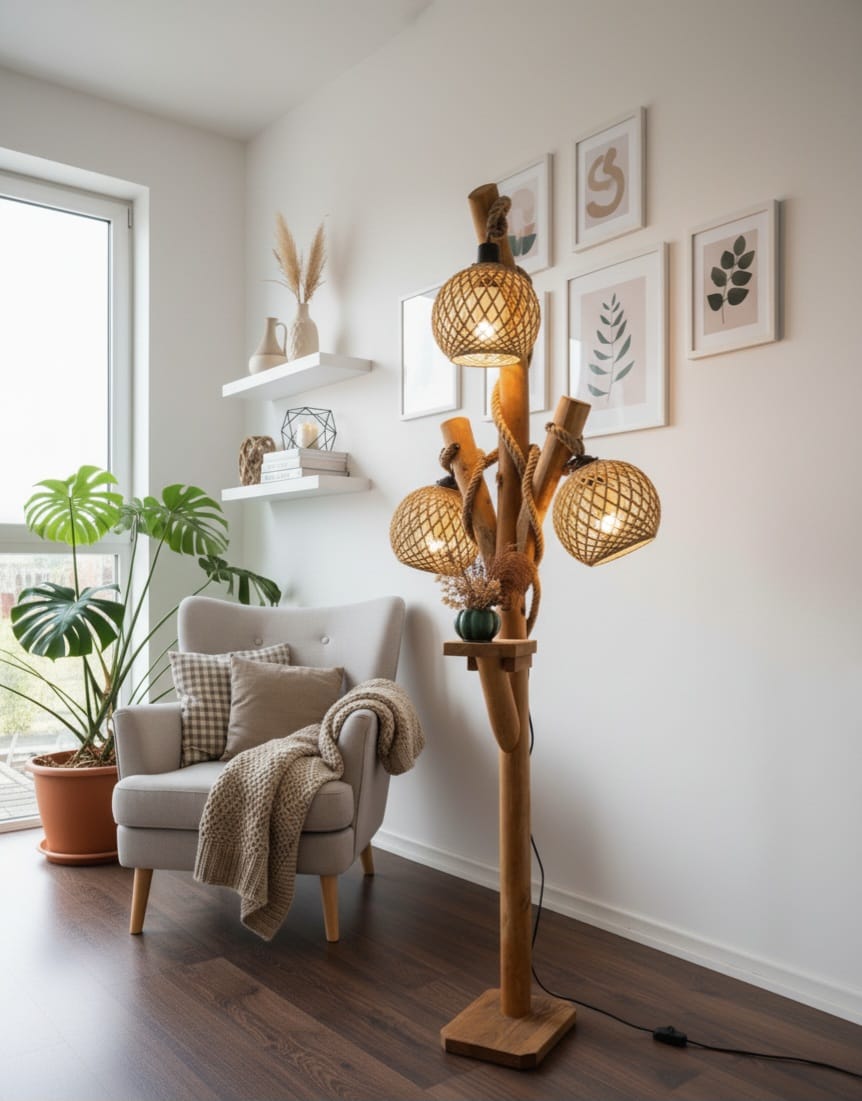 Natural Tree Branch Floor Lamp with 3 Rope Shades Homeartparis production