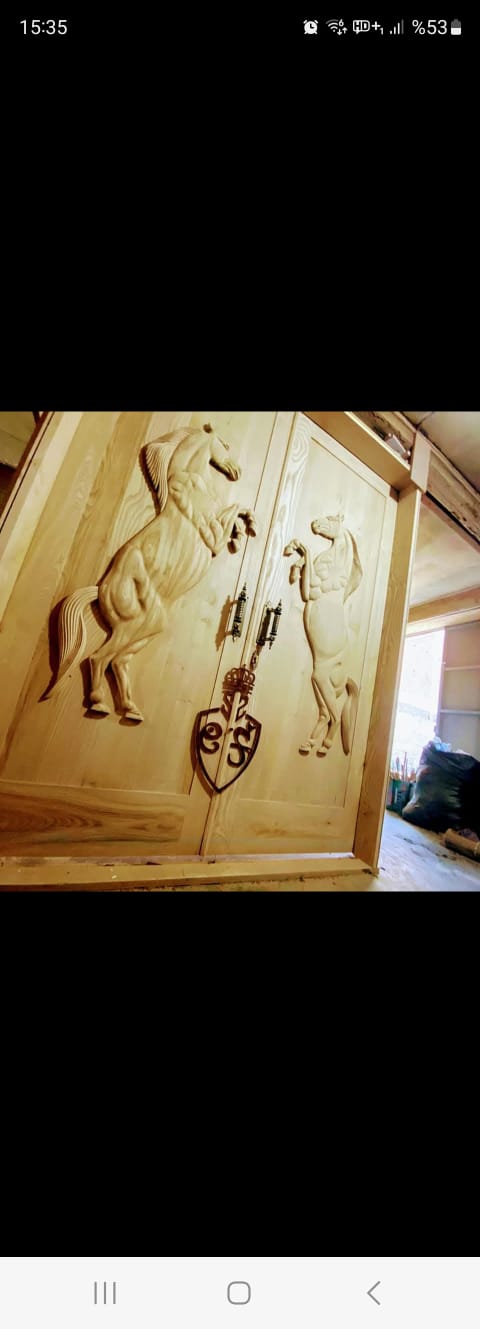 Vitage Wooden Garden Gate, Medieval Hand-Carved Chestnut Wood Double Doors with Rearing Horse Reliefs - Custom Size and Logo Options Homeartparis production