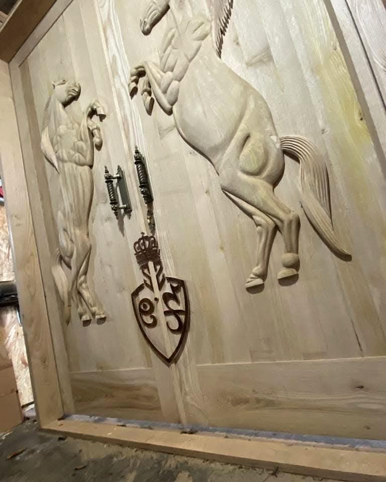 Vitage Wooden Garden Gate, Medieval Hand-Carved Chestnut Wood Double Doors with Rearing Horse Reliefs - Custom Size and Logo Options Homeartparis production