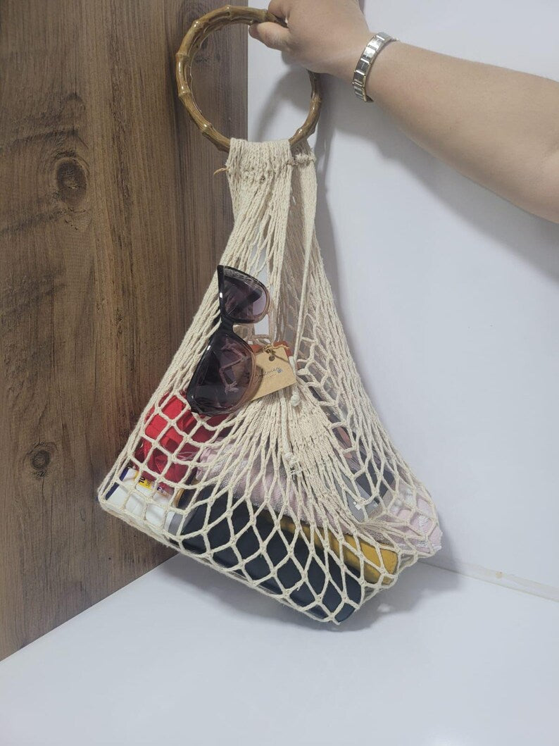 Hand-Knitted Mesh Beach Bag - Bohemian Market Tote by Seval Özsoy - Wooden Handle Summer Purse - Strong & Foldable Artisan Gift