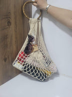 Hand-Knitted Mesh Beach Bag - Bohemian Market Tote by Seval Özsoy - Wooden Handle Summer Purse - Strong & Foldable Artisan Gift