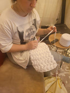 Chalk White Crochet Crossbody Bag - Handmade Popcorn Stitch Purse by Seval Özsoy - Soft T-Shirt Yarn Mini Bag - Unique Designer Gift