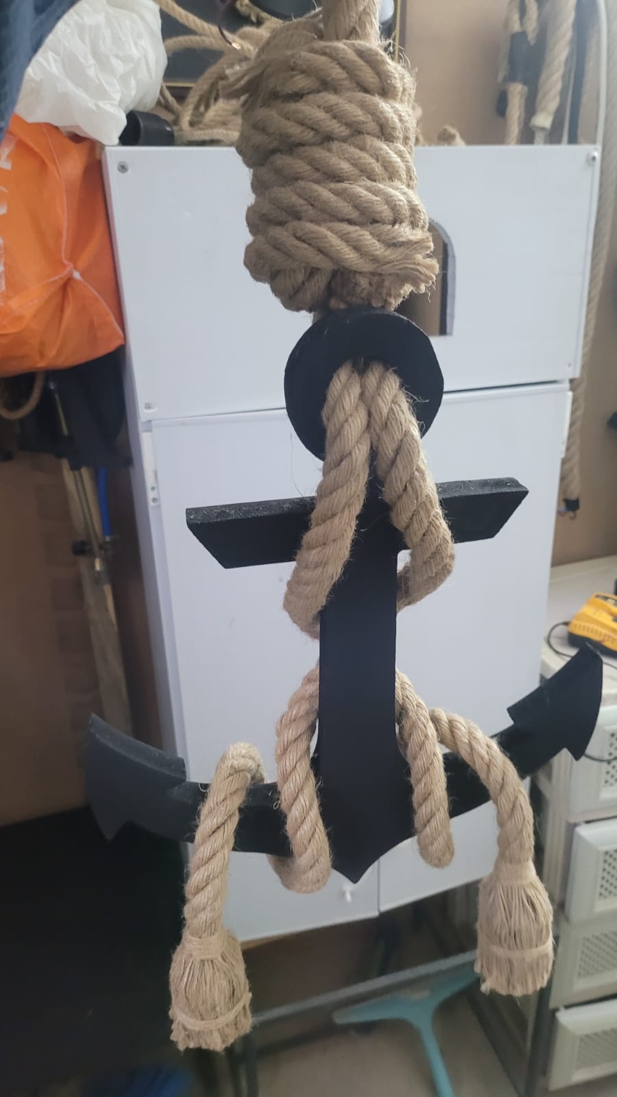 Handcrafted Wooden Anchor Pendant Light - Nautical Dual-Rope Chandelier with Adjustable Hanging Height