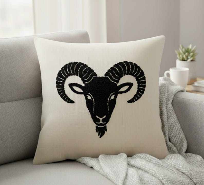 homeartparis Handmade Punch Needle Pillow, Minimalist Throw Pillow, Personalized Birthday Gift, 16x16 Linen Cover, Astrology Home Decor