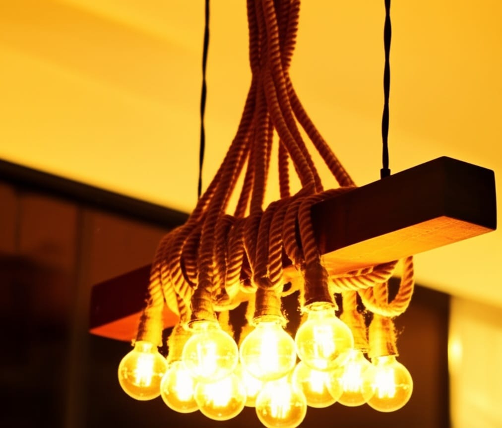 Rustic Wood Beam Chandelier with 10 Hanging Rope Sockets Vintage Industrial Light Homeartparis production