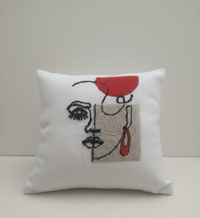 homeartparis Punch Needle Abstract Mask Pillow Cover | Handmade Bohemian Eclectic Decorative Cushion | Vibrant Colors