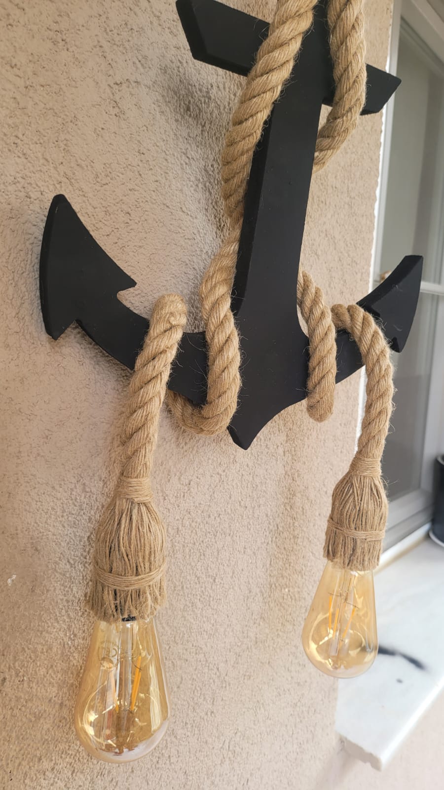 Handcrafted Wooden Anchor Pendant Light - Nautical Dual-Rope Chandelier with Adjustable Hanging Height
