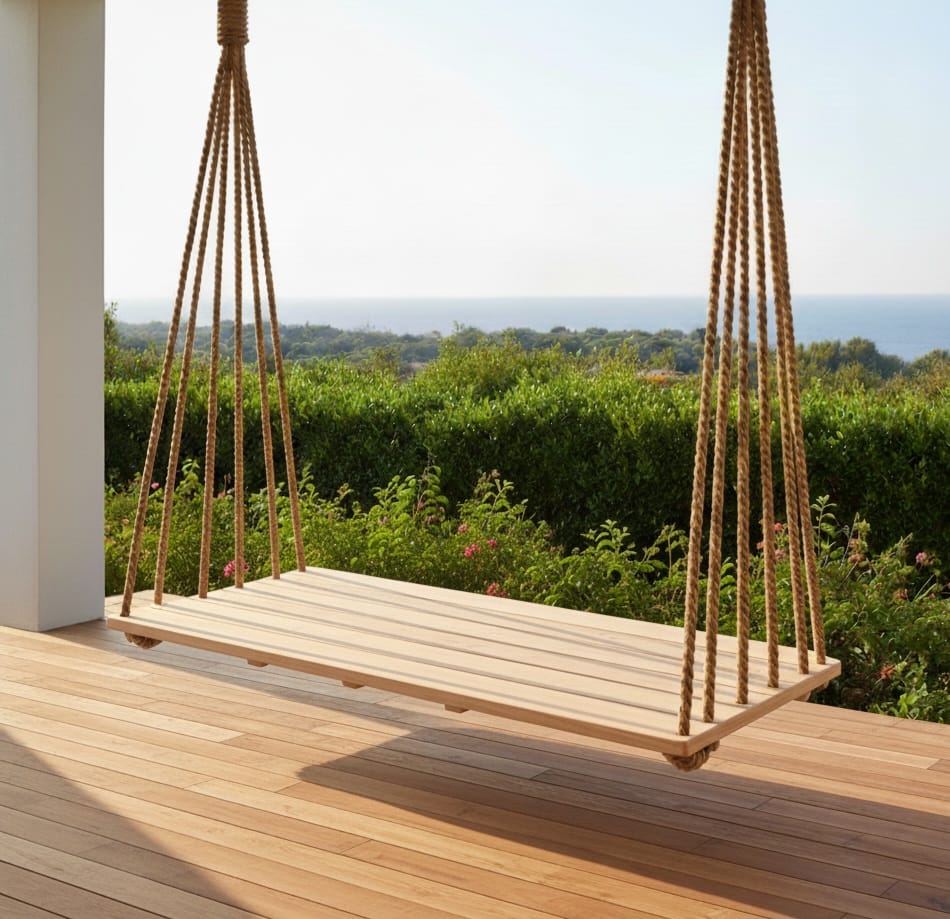 Artisan Handcrafted Spruce Wood Hanging Swing Bed - Indoor Outdoor Jute Rope Daybed - Homeartparis production