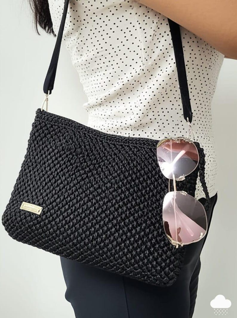 The Elegant Black Crochet Handbag - Handmade Evening Shoulder Bag by Seval Özsoy - Luxury Hand-Knitted Crossbody - Versatile Party Purse