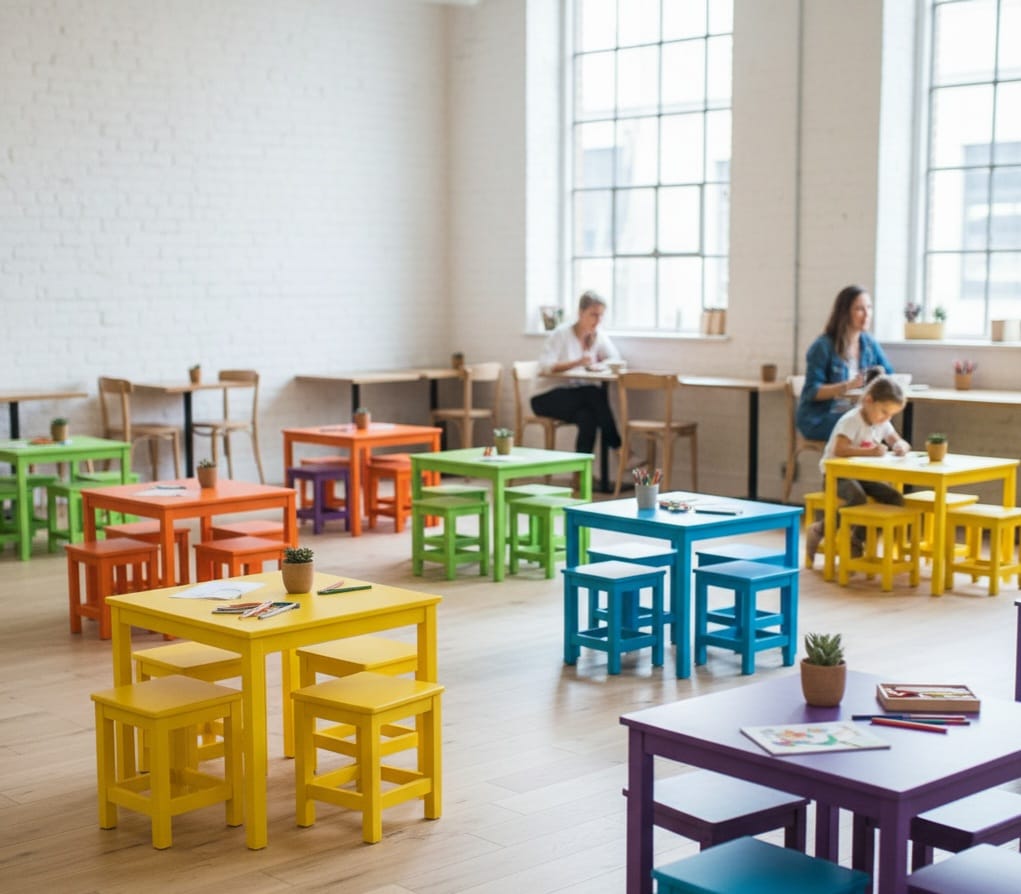 Vibrant Commercial Cafe Table Set, 4 Stools and 1 Table, Patio and Terrace Furniture, Customizable Wood, Suitable for Indoor/Outdoor Use> by homeartparis