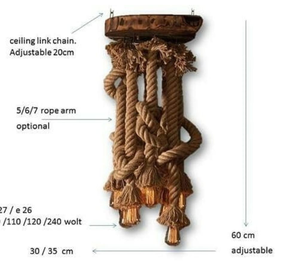 Rustic Root Wood Slice Chandelier with 7 Braided Flexible Jute Rope Pendants Homeartparis production