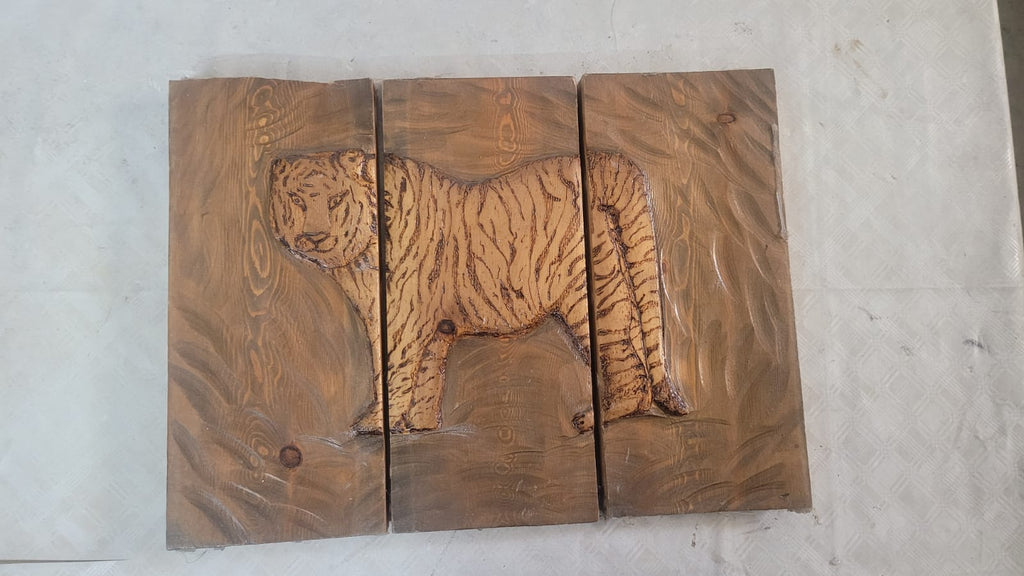 Spirit of Shadow and Fire: 3-Piece Hand-Carved & Pyrography Wood Art Tiger - Homeartparis production
