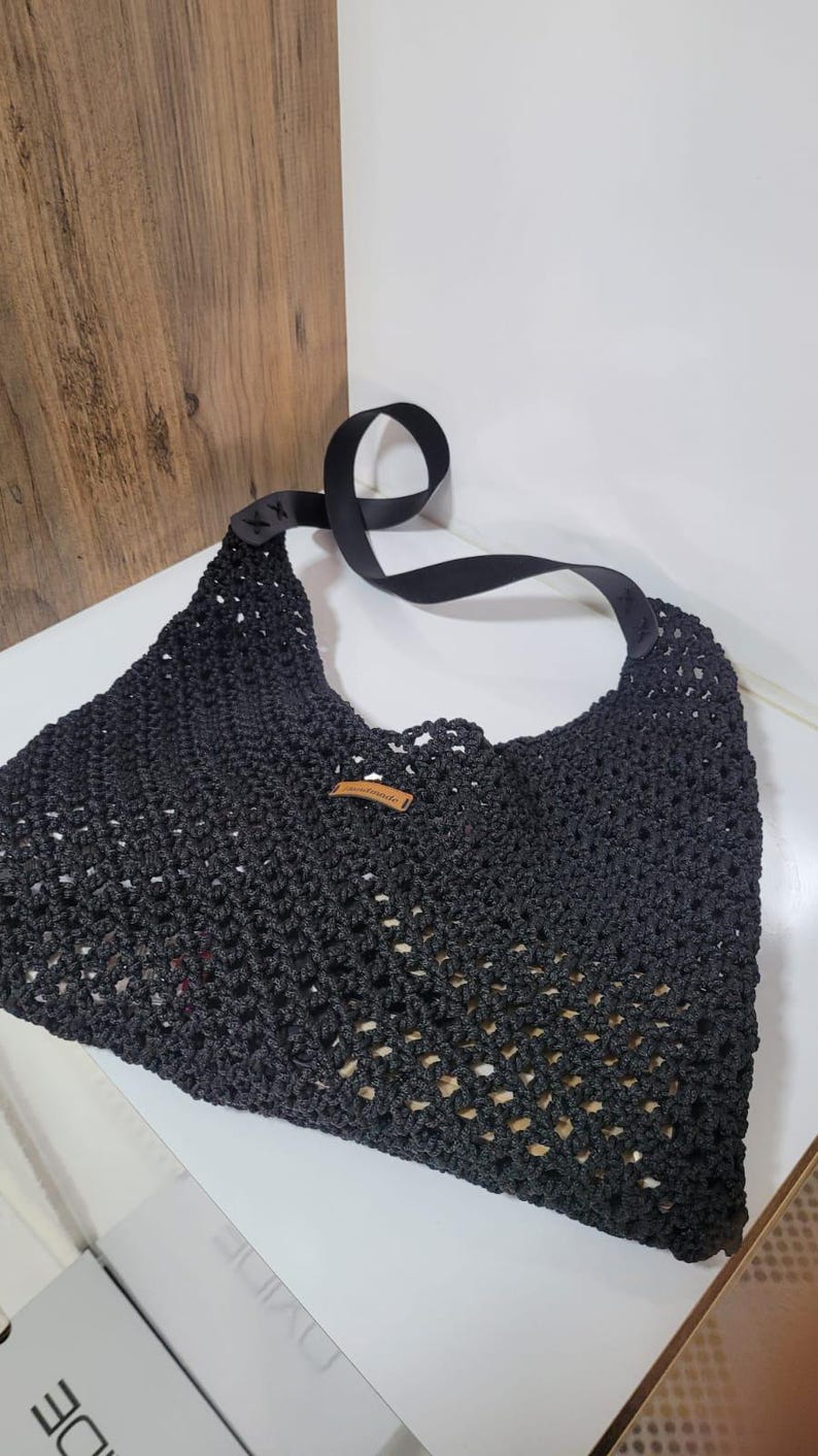 Home art paris Elegant Black Crochet Evening Bag - Designer Hand-Knitted Shoulder Bag by Seval Özsoy - Unique Formal Crossbody Purse with Vegan Leaher Strap