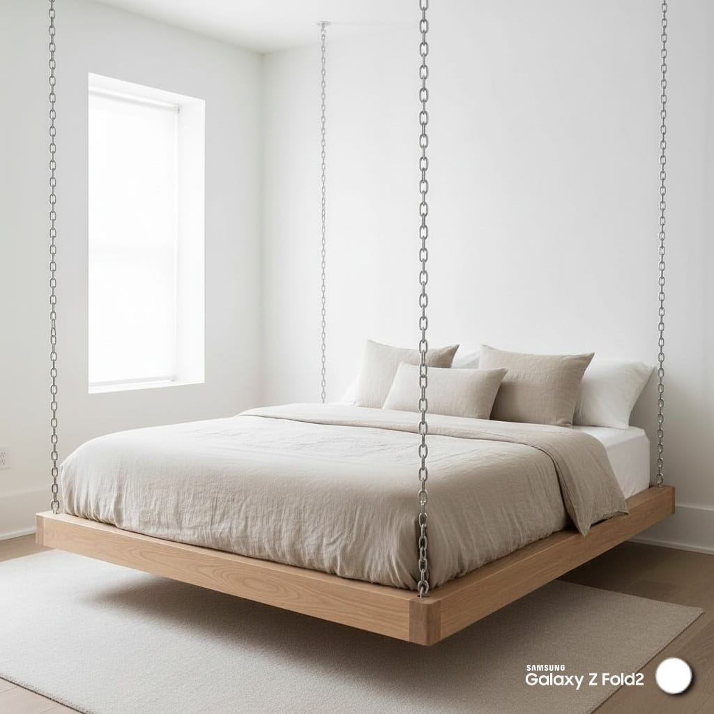 Majestic Solid Spruce Hanging Swing Bed - Heavy Duty Floating Platform Bed Frame - Homeartparis production