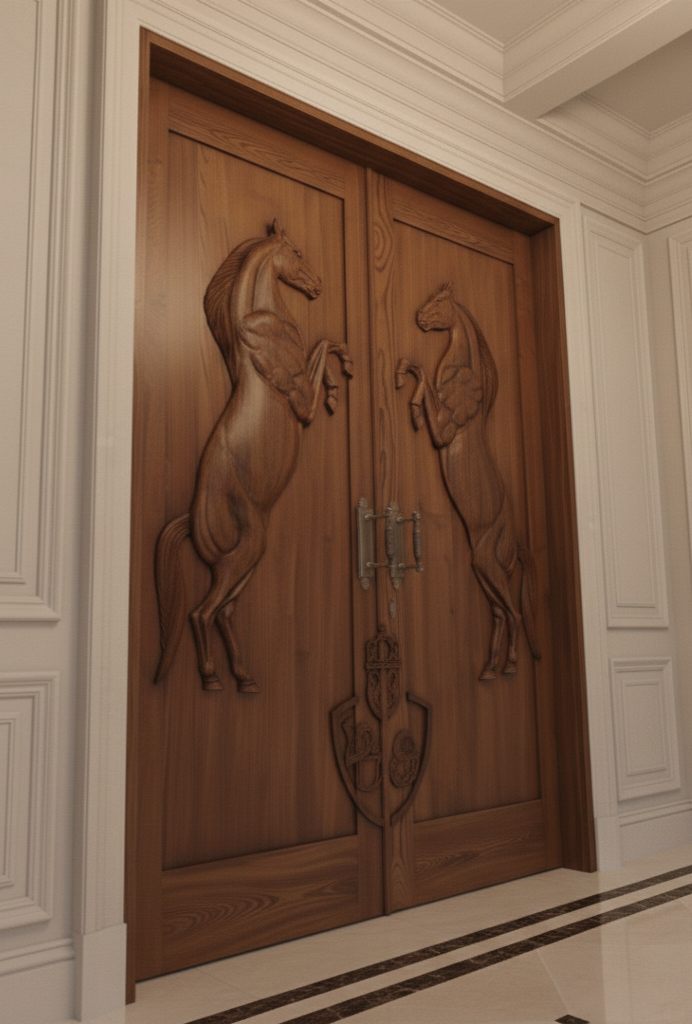 Vitage Wooden Garden Gate, Medieval Hand-Carved Chestnut Wood Double Doors with Rearing Horse Reliefs - Custom Size and Logo Options Homeartparis production