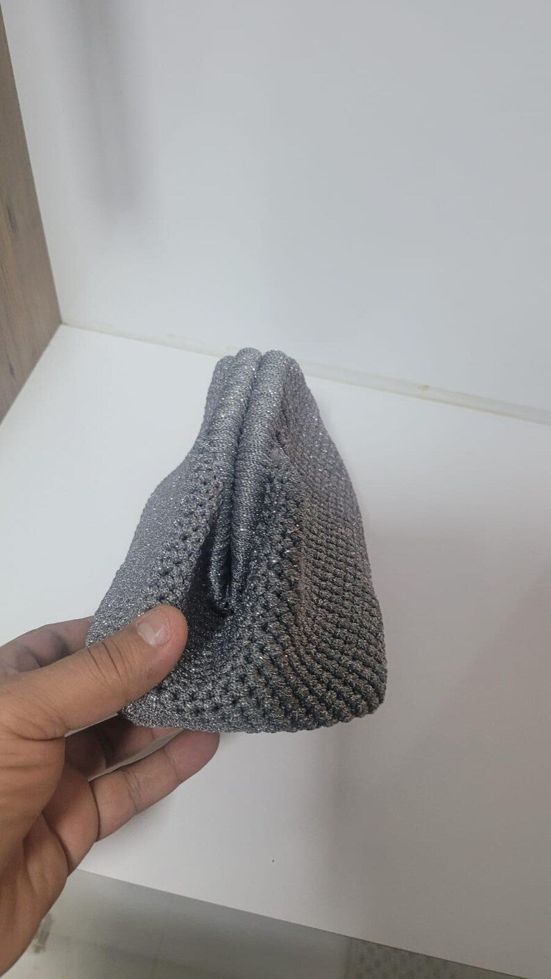The Homeartparis Sparkly Grey Crochet Clutch - Handmade Silver Glitter Evening Bag by Seval Özsoy - Luxury Party Purse with Metal Frame - Elegant Occasion Gift