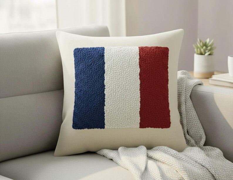 Homeartparis French Flag Punch Needle Pillow Cover, France Linen Cushion Case, Parisian Style Gift, Textured Home Decor 16x16