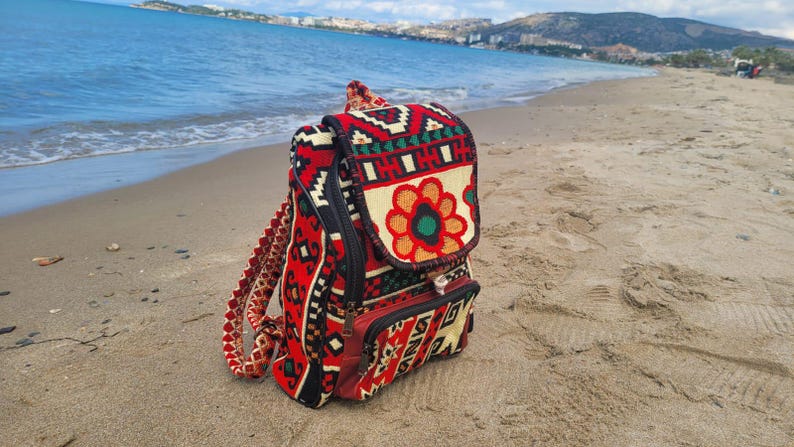 Ethnic Boho Backpack - Handwoven Authentic Kilim Pattern Travel Bag by Seval Özsoy - Unique Bohemian Rucksack - Artisan Kilim Accessory