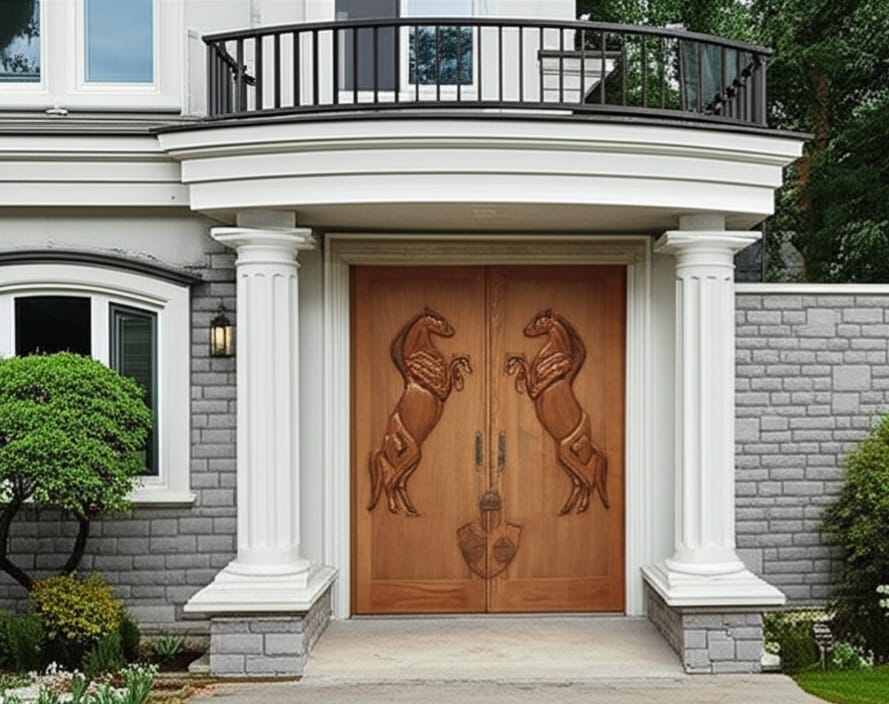 Vitage Wooden Garden Gate, Medieval Hand-Carved Chestnut Wood Double Doors with Rearing Horse Reliefs - Custom Size and Logo Options Homeartparis production