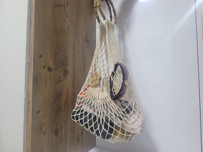 Hand-Knitted Mesh Beach Bag - Bohemian Market Tote by Seval Özsoy - Wooden Handle Summer Purse - Strong & Foldable Artisan Gift