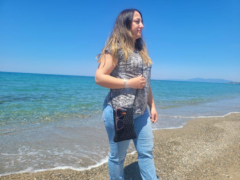 Black Crochet Mini Shoulder Bag - Bohemian Knit Crossbody Purse with Vegan Leather Accents - Unique Artisan Gift for Daily Use