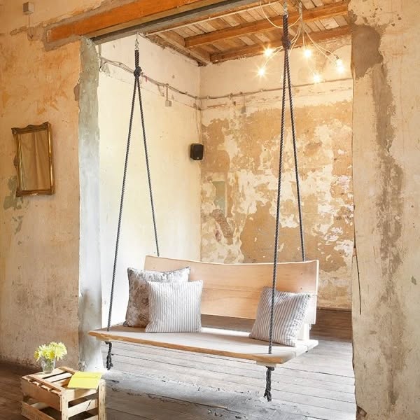 Artisan Handcrafted Solid Massive Wood Hanging Swing with Backrest - 140 cm Wide - Homeartparis production