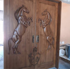 Vitage Wooden Garden Gate, Medieval Hand-Carved Chestnut Wood Double Doors with Rearing Horse Reliefs - Custom Size and Logo Options Homeartparis production
