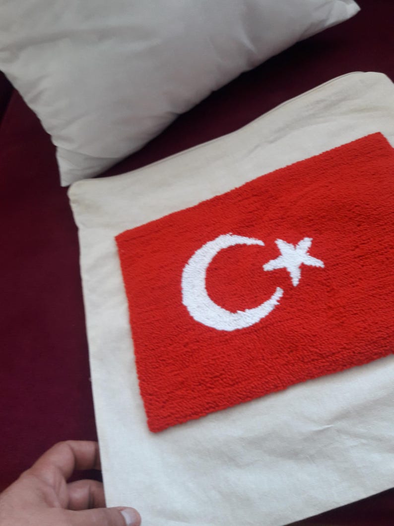 homeartparis Turkish Flag Punch Needle Pillow Cover, Turkey Linen Cushion Case, Travel Souvenir Gift, Textured Home Decor 16x16