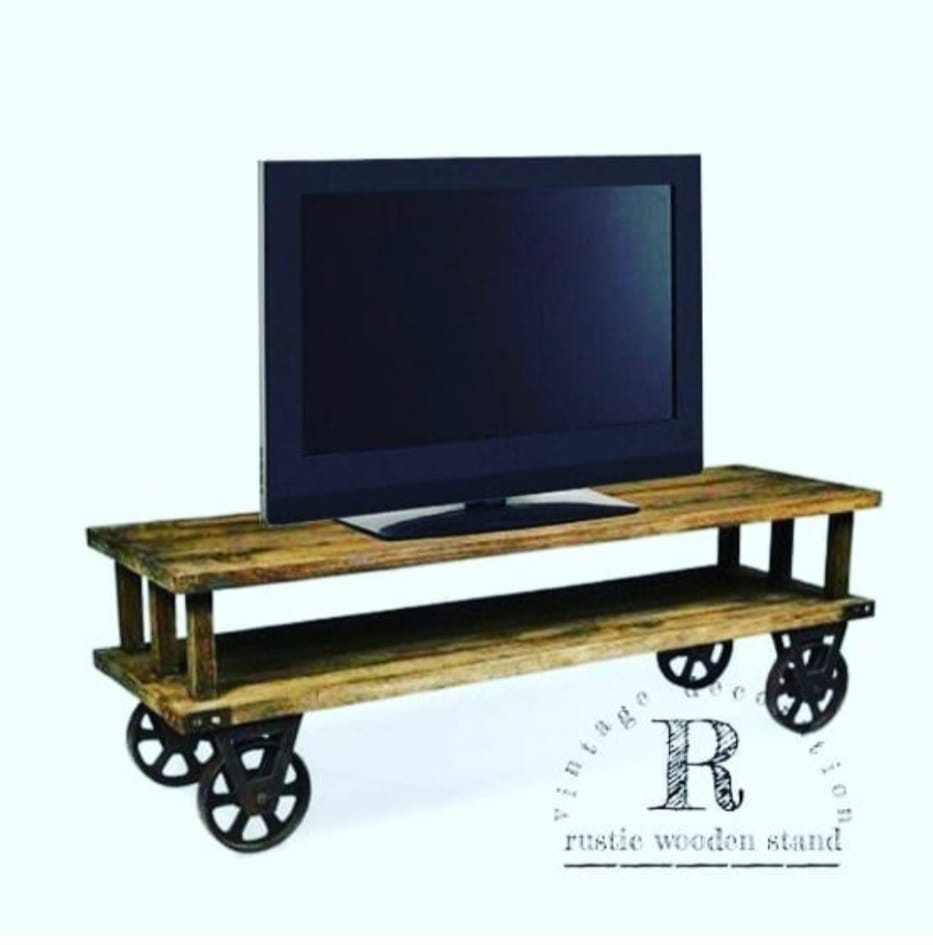 Industrial Rustic Wood TV Stand and Console with Cast Iron Wheels Homeartparis production