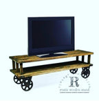 Industrial Rustic Wood TV Stand and Console with Cast Iron Wheels Homeartparis production