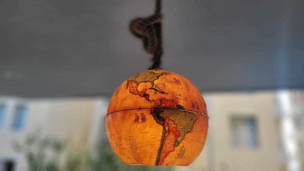 Vintage World Map Pendant Light - Handcrafted Nautical Hanging Globe Lamp with Adjustable Rope