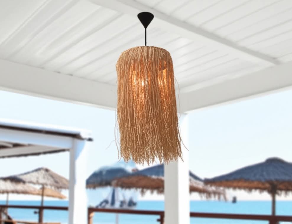 Handwoven Cylindrical Raffia Pendant Light - Exotic Island Style Boho Chandelier for Patios, Bars & Modern Interiors
