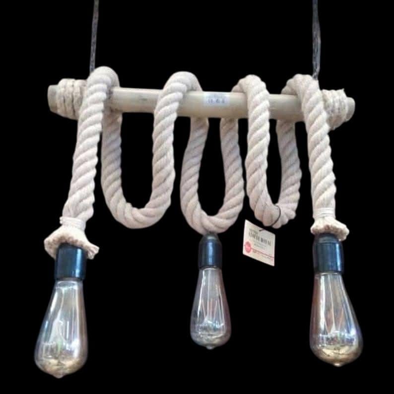3-Light White Rope and Natural Wood Rustic Chandelier Homeartparis production