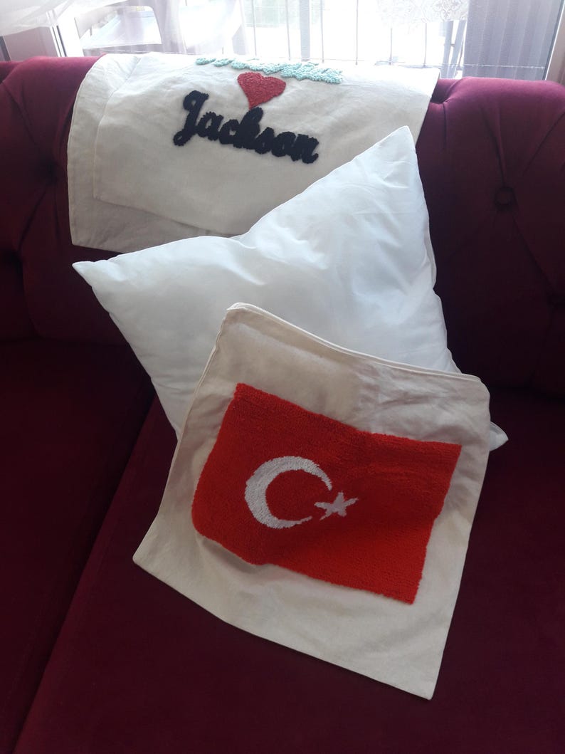 homeartparis Turkish Flag Punch Needle Pillow Cover, Turkey Linen Cushion Case, Travel Souvenir Gift, Textured Home Decor 16x16