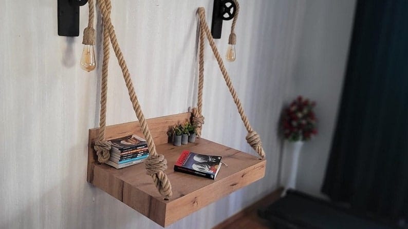 Homeartparis Handcrafted Rustic Wall-Mounted Rope Swing Table with Sconce Set