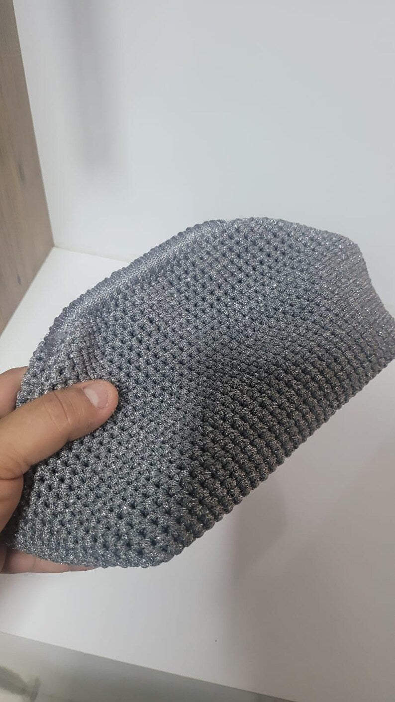 The Homeartparis Sparkly Grey Crochet Clutch - Handmade Silver Glitter Evening Bag by Seval Özsoy - Luxury Party Purse with Metal Frame - Elegant Occasion Gift
