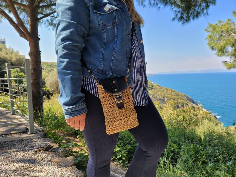Crossbody Bag with Black Leather Flap - Handmade Authentic Mini Shoulder Bag by Seval Özsoy - Unique Woven Boho Purse