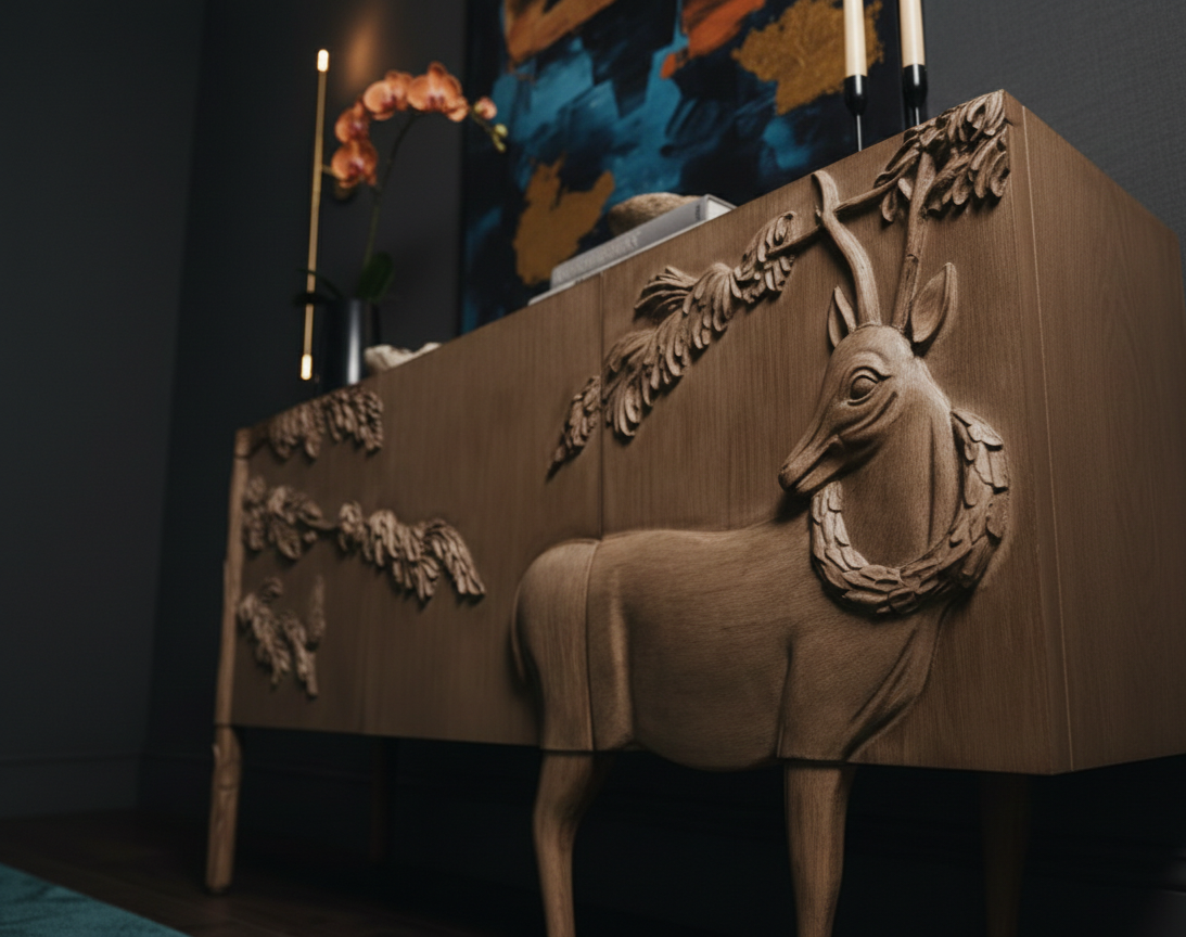 Hand-Carved Chestnut Wood Sideboard with Deer Relief Art - Custom Wildlife Design Homeartparis production