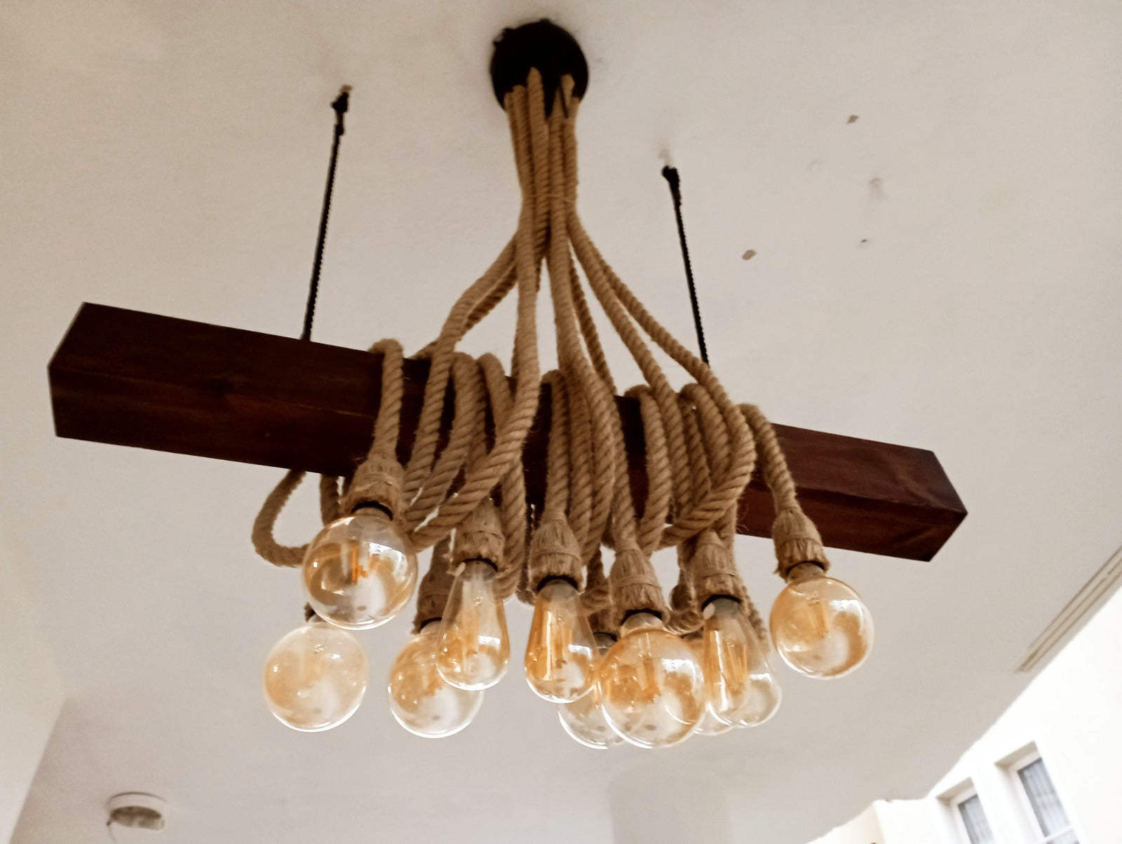 Rustic Wood Beam Chandelier with 10 Hanging Rope Sockets Vintage Industrial Light Homeartparis production
